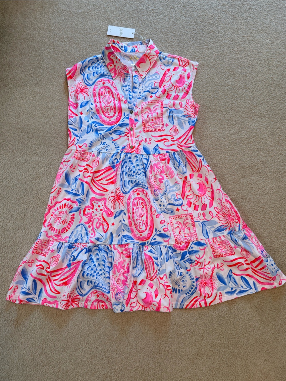 Lilly Pulitzer Neon Pink & Sky Blue Printed Sleeveless Swing Dress
